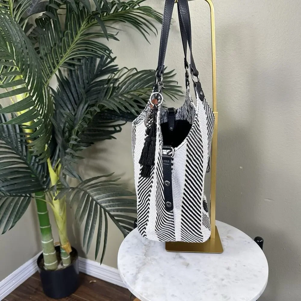 sakroots Large Hobo convertable Creme Black Brown Snaps Owl charm Tassels logo